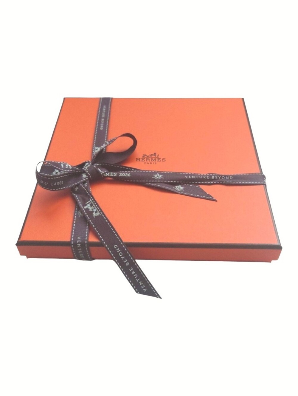 HERMES Authentic Orange Square Scarf Gift Box with Brown Ribbon